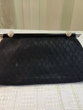 After Five Black Vintage Quilted Evening Clutch with Rhinestone Kiss-Lock